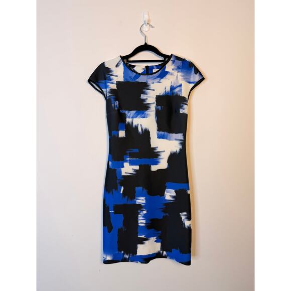 Johanne Beck Abstract Brushstroke Bodycon Sheath Dress Blue Black White Small - Picture 2 of 7